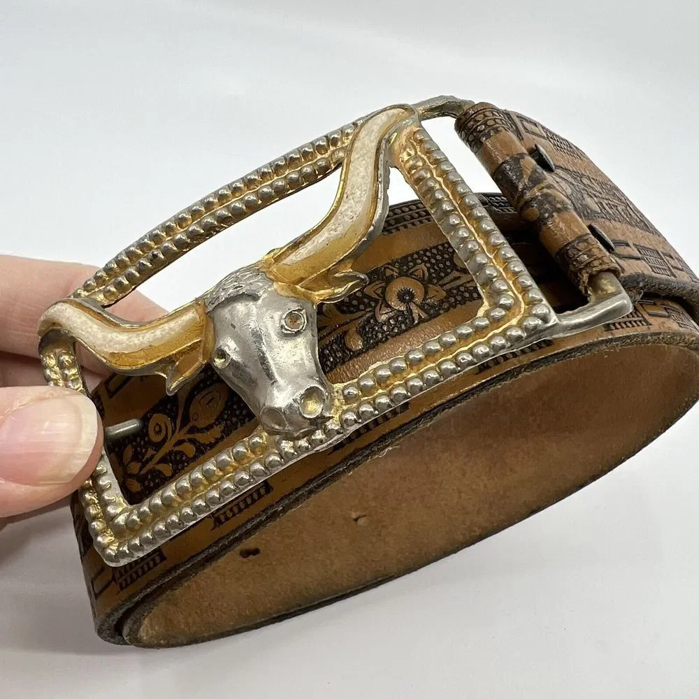 VTG Boys 60s BULL LONGHORN FABIL Tooled Steerhide Leather Western COWBOY Belt 28